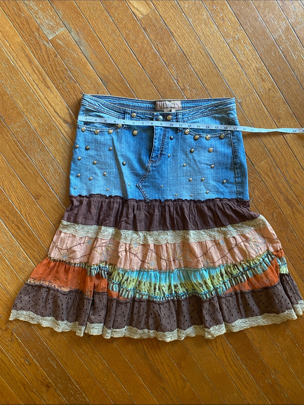 Candie's Denim Patchwork Tiered Skirt in Blue & Multicolor
